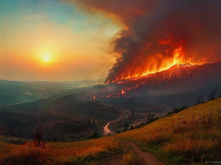 Viewed from a mountain peak, Wildfires rage in the valley below, devouring the countryside like a savage animal. Smoke fills the air, a filter upon the landscape, turning into something hellish.

Fantasy style. Fantasy dreamlike art. Sunset.

<lora:Tonalism01b_CE_XL_300-OT:0.8> tnlsmCE_style