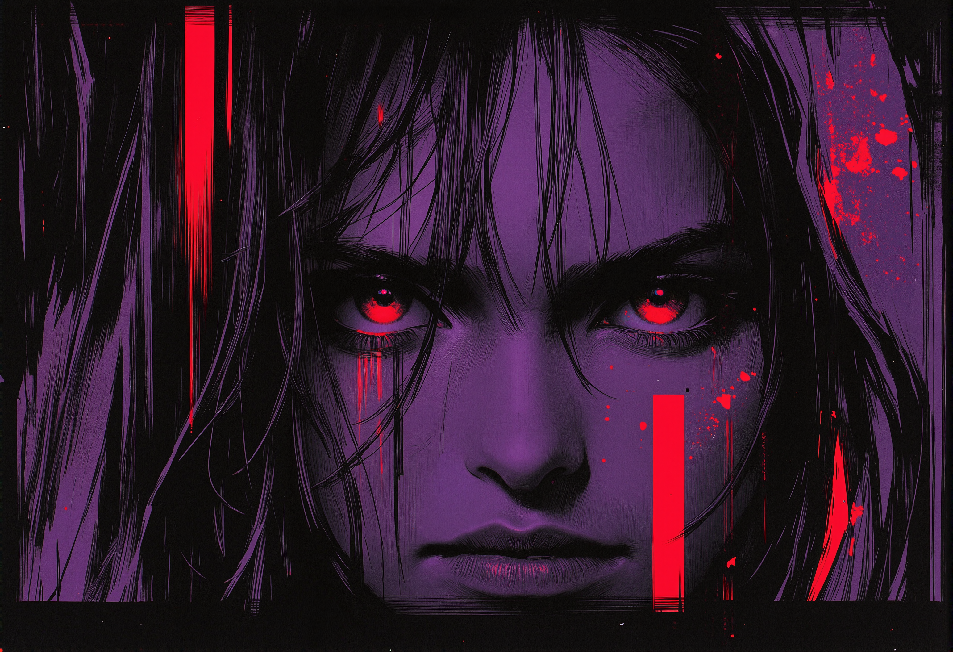 bv-anibrush, xslx scribble. A close-up of a strikingly beautiful young woman in a dark, futuristic dystopian cityscape at night, her salt and pepper hair flowing slightly disheveled, blending into the shadows. The faint glow of distant neon signs reflects off her sharp facial features. Her glowing eyes pierce through the surrounding darkness, capturing a sense of intensity and focus. The camera focuses on her face and hair, highlighting her determined expression and the subtle roughness of the art style with sketch-like textures, seen from a side view, emphasizing her profile and sharp facial features, <lora:bv-anibrush-v1-flux.safetensors:1.0:1.0> <lora:Risograph_Style_FLUX_by_Ethanar-000001.safetensors:1.0:1.0> <lora:scribble-flux-v1.safetensors:0.5:0.5>