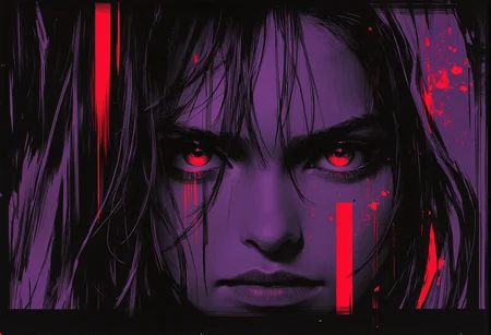 bv-anibrush, xslx scribble. A close-up of a strikingly beautiful young woman in a dark, futuristic dystopian cityscape at night, her salt and pepper hair flowing slightly disheveled, blending into the shadows. The faint glow of distant neon signs reflects off her sharp facial features. Her glowing eyes pierce through the surrounding darkness, capturing a sense of intensity and focus. The camera focuses on her face and hair, highlighting her determined expression and the subtle roughness of the art style with sketch-like textures, seen from a side view, emphasizing her profile and sharp facial features, <lora:bv-anibrush-v1-flux.safetensors:1.0:1.0> <lora:Risograph_Style_FLUX_by_Ethanar-000001.safetensors:1.0:1.0> <lora:scribble-flux-v1.safetensors:0.5:0.5>