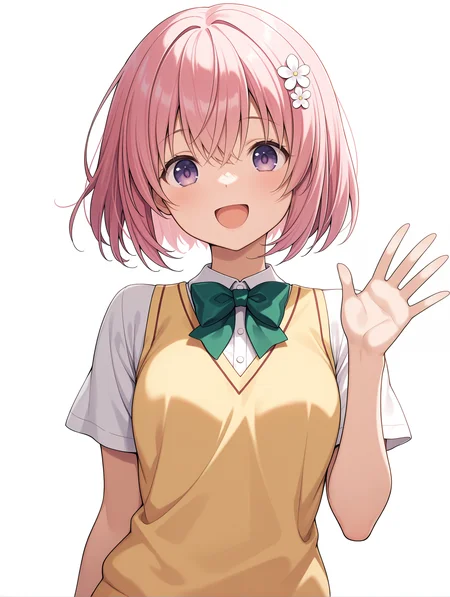 masterpiece,best quality,newest,1girl,solo,
<lora:momo_ilxl_v1.8:1>,momo,pink hair,purple eyes,short hair,h_o,hair ornaments,
m_clothes,short sleeve blouse,yellow vest,green bowtie,
<lora:Fixhands_anime_bdsqlsz_V1:1>,simple_background,white_background,standing,upper_body,:d,waving,