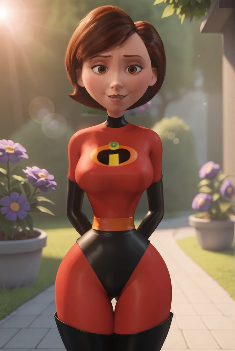 score_9, score_8_up, score_7_up, score_6_up, BREAK 1girl, solo, disney pixar animation,
<lora:HelenParrXL-v1-06:0.6>, ChopioHelen, short hair, brown hair, brown eyes, (looking at viewer:1.2),
narrow waist, wide hips, large breasts, 
outdoors, garden, flowers, pond, standing, seductive smile,
outfit_1, red bodysuit, latex, skin tight, black elbow gloves, black footwear, thigh boots, arms behind back, sunny, sunlight, light rays, lens flare, (depth of field:1.3), bokeh,
