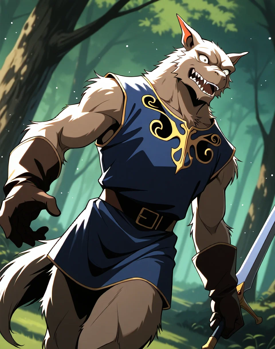 <lora:Kobold_(Record_of_Lodoss_War)_(Illustrious)_(AD):1> kobold, muscular, Record of Lodoss War,
dutch angle, exterior, battleground, dynamic action, dutch angle, fantasy forest, nature landscape,
kobold soldier, no pants, fur tail, furry body, cowboy shot, sword, bent leg, twisted torso, male chest focus,
BREAKvery awe, aesthetically pleasing, masterpiece, best quality, amazing quality, very aesthetic, perfect depth of field shot, masterclass color theory, in'ei, gradient style coloring, source_anime, masterclass anime,
Smooth Quality, lazympos, IllustQualXL_Pos,
