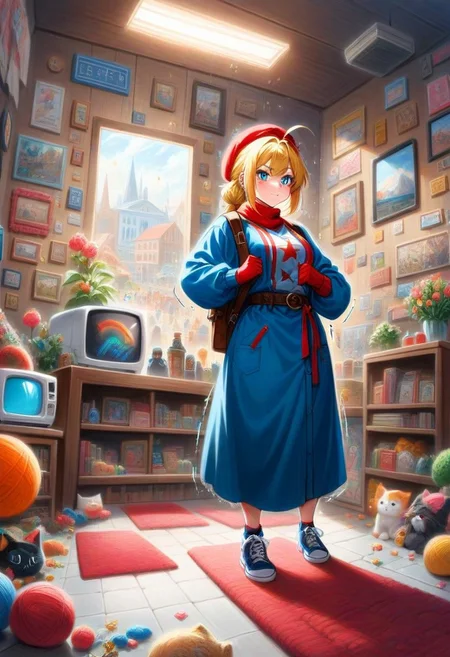 score_9,score_8_up,score_7_up,score_6_up,score_5_up,1girl, score_4_up,source_streetfighter,source_anime,source_game, (cammy_white),street_fighter,blonde_hair,blue_eyes,glowing eyes,cammy white,yrnwrld,tall woman,british flag print,ahoge, short hair,(slit pupils),(bandaged arm),(pale skin),curvy,frown, smile,big eyes,clenching fists,(tongue),wide hips,thick thighs, thick legs,narrow waist,(tattoos:1.4),(tattoo),hairclip,(earrings), red gloves,red beret,hair_ornament,red beret,long braid,cute, (dark blue pants),flag print shirt,blue jacket,long sleeves,gold necklace,backpack,bag,brown belt,gun case,holding cassette, long shirt,red rug,museum,glimmer,artistic paintings,big plant pot,(tiles:1.4),lamps on the wall,wooden wall,exit sign,posters, (sparkles:1.4),neon lights,brochures,(wooden showcase),(hand sign),shiny skin,dynamic pose,indoors,(motion lines:1.4),(thick outlines:1.4),(trembling lines:1.4),sweat,jewelry,steam,(steamy breath),(spoken kitty cat),(bullet belt),((weapons)),(television), masterpiece,best_quality,newest,absurdres,best shadow,light particles,highly detailed background,amazing quality,highly detailed_skin,very_detailed_clothes,power_lines,speed lines, emphasis_lines,very_aesthetic,dynamic_angle,high quality,4k, best shadow,<lora:add-detail-xl:1.5>