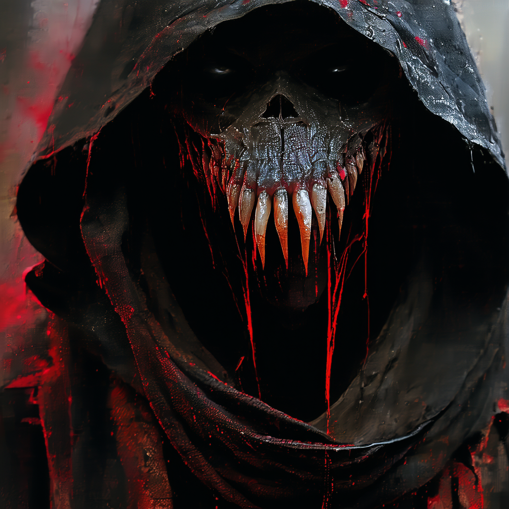 Tribal style ethereal fantasy concept art of macro shot, Horror-themed Horror-themed dutch angle, white and red, lots of (sharp teeth:1.2) , hoodie, Dark RPG old-school style, dark, spooky, grim, alone in the dark, ultimate evil
