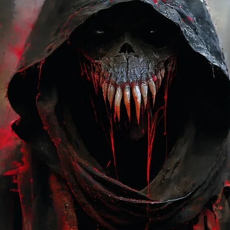 Tribal style ethereal fantasy concept art of macro shot, Horror-themed Horror-themed dutch angle, white and red, lots of (sharp teeth:1.2) , hoodie, Dark RPG old-school style, dark, spooky, grim, alone in the dark, ultimate evil