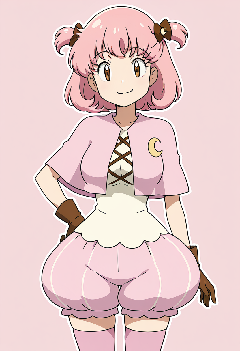 masterpiece, best quality, solo, curvy, beautiful eyes, narrow waist, large breasts, 1girl, solo, smile, looking at viewer,    zzMomo, brown eyes, short hair, pink hair, hair bow, two side up, hair ornament, hair ribbon,  capelet, white shirt, brown gloves, puffy shorts, pink thighhighs, zettai ryouiki,  ,<lora:MomoByKurumiErika_IXL:1.0>,  cowboy shot, hand on hip, smug, smile, looking at viewer, shiny skin,