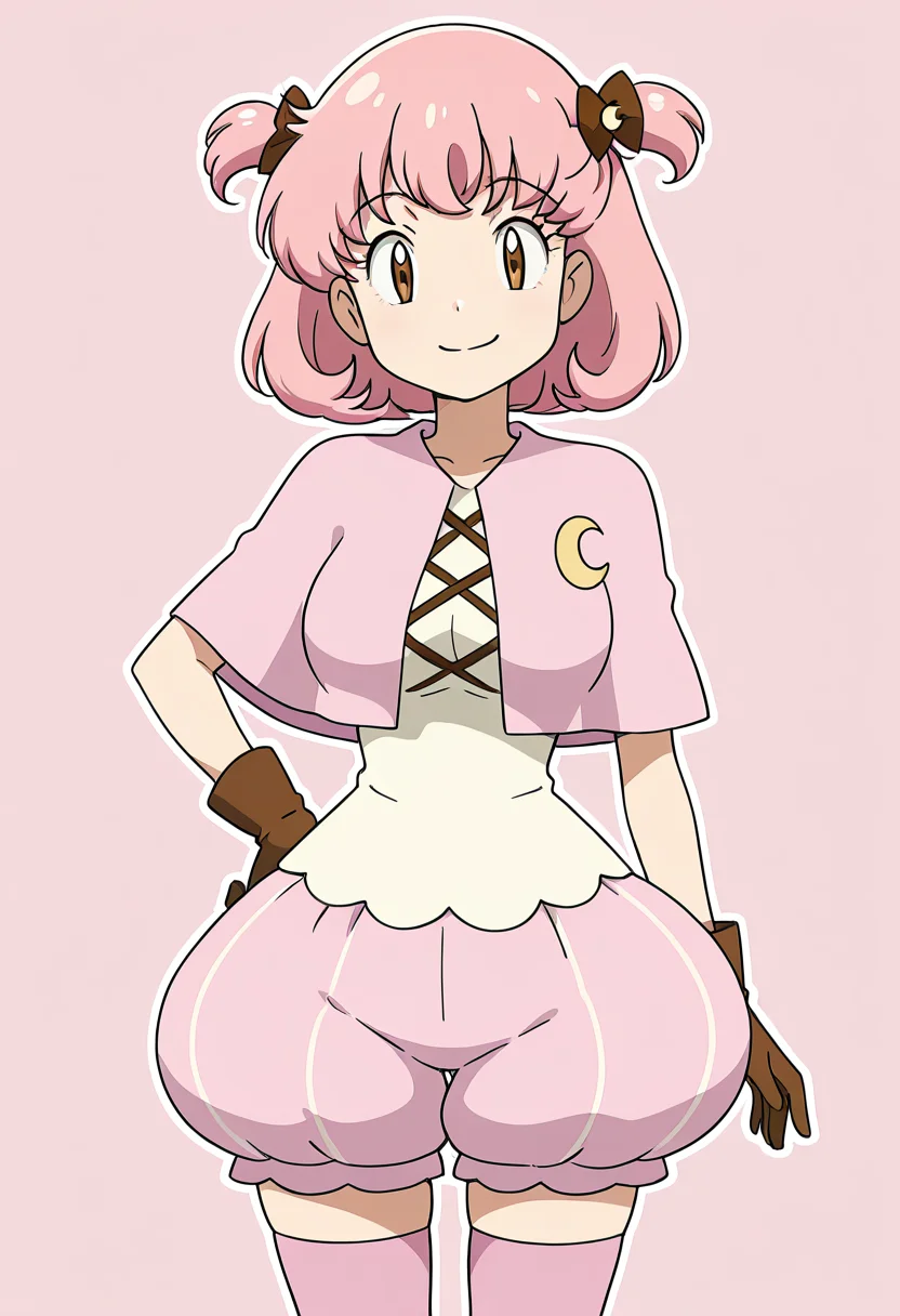 masterpiece, best quality, solo, curvy, beautiful eyes, narrow waist, large breasts, 1girl, solo, smile, looking at viewer, zzMomo, brown eyes, short hair, pink hair, hair bow, two side up, hair ornament, hair ribbon, capelet, white shirt, brown gloves, puffy shorts, pink thighhighs, zettai ryouiki, ,<lora:MomoByKurumiErika_IXL:1.0>, cowboy shot, hand on hip, smug, smile, looking at viewer, shiny skin,