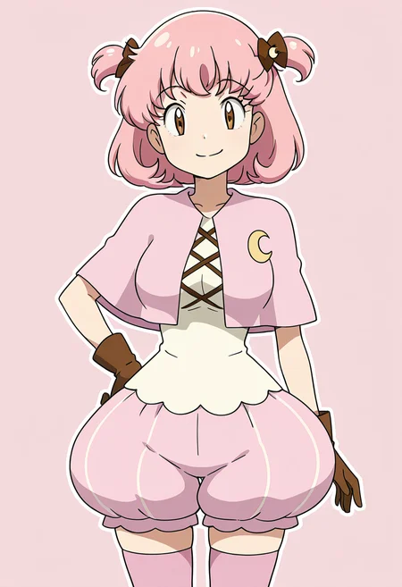masterpiece, best quality, solo, curvy, beautiful eyes, narrow waist, large breasts, 1girl, solo, smile, looking at viewer, zzMomo, brown eyes, short hair, pink hair, hair bow, two side up, hair ornament, hair ribbon, capelet, white shirt, brown gloves, puffy shorts, pink thighhighs, zettai ryouiki, ,<lora:MomoByKurumiErika_IXL:1.0>, cowboy shot, hand on hip, smug, smile, looking at viewer, shiny skin,
