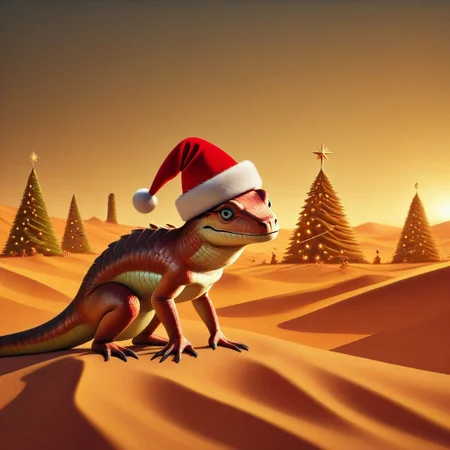 masterpiece, best quality, absurdres, animal christmas, christmas theme,
animal focus, no humans,
lizard, desert, christmas tree, christmas hat