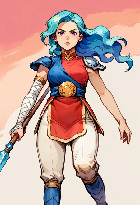 Score_9, score_8_up, score_7_up, score_6_up,score_5_up, anime color, watercolor, ink lines, anime style, source_cartoon, valere, aqua hair, (wavy hair), long hair, curvy hips, purple eyes, single shoulder pad, blue cape, blue sash, red shirt, armlet, sleeveless, bandaged arm, white pants, blue boots, (((close up))), face focus, upper body, view from below, huge weapon, (((holding weapon))), double-bladed spear, 1girl, solo, action pose, jumping pose, spear stance,, looking at viewer, (best quality,masterpiece), ultra high res,ultra-detailed, :: painted background, sunset,