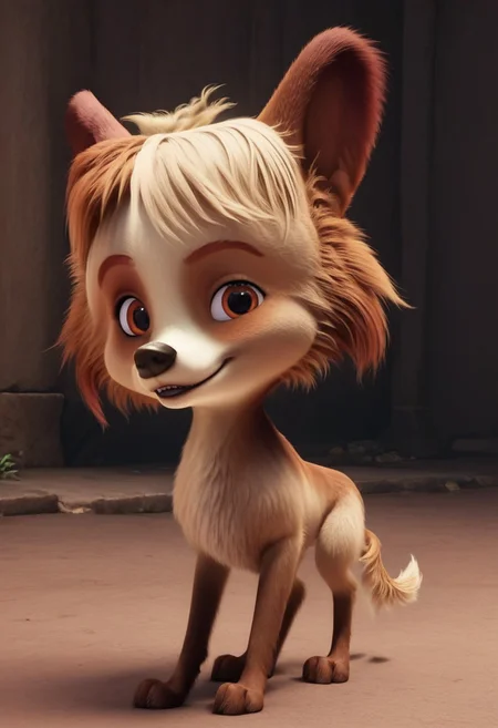 batty, 1girl, female dog, feral, small dog, tri-colored fur, golden tan with a lighter face and belly, one patch over each eye of a darker tan, brown ears, amber eyes, brown and blond hair, brown paws, golden tail, big head, easynegative, score_8_up, score_7_up, BREAK, 1girl, solo, looking at viewer, cute, smiling, smug, from behind, rear view, looking back, female focus, looking at viewer, detailed background, 4k, masterpiece, best quality, highly detailed, 3d, full shot
realistic,