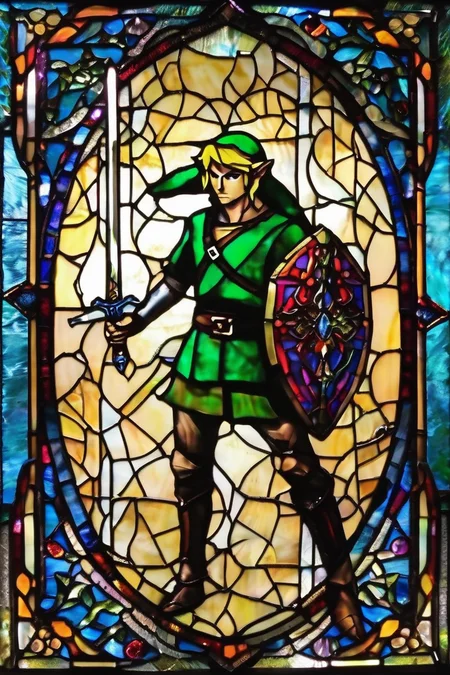 link ,  sword, vibrant colors,<lora:stained_glass_style_v1_sdxl:1>