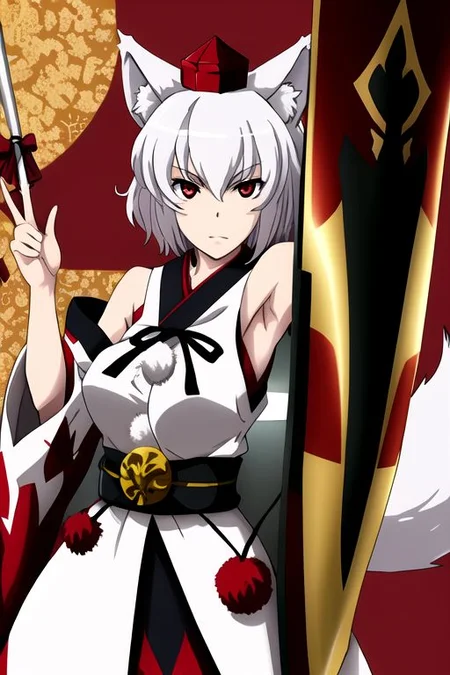 inubashiri momiji, 1girl, animal ears, armpit peek, collarbone, detached sleeves, hat, holding, holding weapon, looking at viewer, pom pom \(clothes\), red eyes, red headwear, shield, tail, tokin hat, weapon, white hair, wide sleeves, wolf ears, wolf girl, wolf tail, 
masterpiece, best quality, very aesthetic, absurdres, pixiv, anime coloring