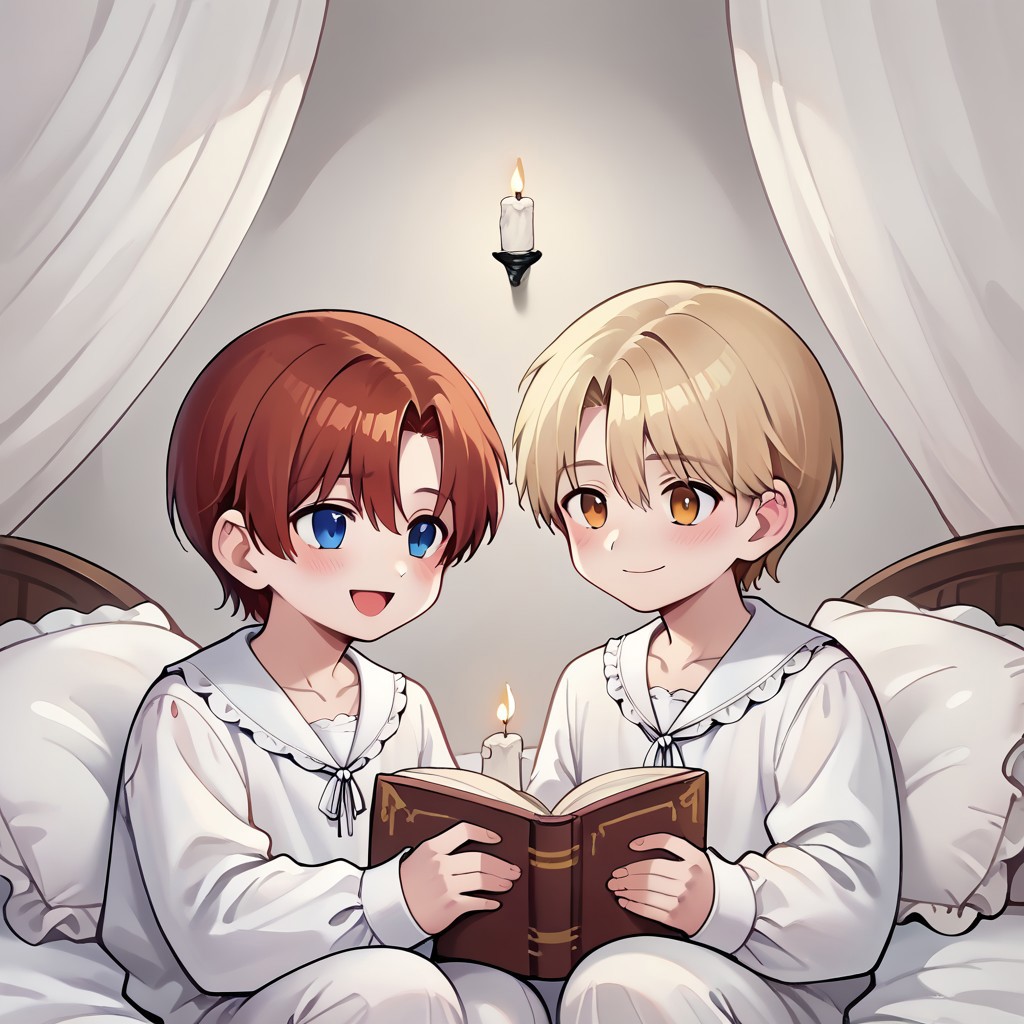 score_9, score_8_up, score_7_up, score_6_up, score_5_up, source_anime, painterly, 2boys, boy A and boy B, 18 years old, ((small body)), (same size), multiple boys, long sleeves, ruffle shirt, lace up, drawstring, large wooden headrest, nice fancy bedroom, (white nightgown:1.1), white nightshirt, [dress], white pajamas, victorian era, sitting up in bed, collarbone, white blankets, canopy bed, leaning back on large pillows, ((big white pillows)), [candlelight], (dark light), reading a book, looking at book, soft warm lighting, (absurd detail), (masterpiece:1.1), (high quality), (4k), (detailed anime, anime artwork), straight hair, holding a large book, reading, close up, cozy, (shoulder to shoulder), resting on pillows, next to each other, on bed, warm light, straight hair <lora:m1n0XLP:0.8> m1n0, ((high_quality)), ((Super_Detailed)), 
BREAK boy A(((light blonde hair)), ((bangs)), hair between eyes, blue eyes, soft smile, closed mouth, [blush], turning head to look at boy B, looking over shoulder, looking at boy B),
BREAK boy B(auburn hair, parted bangs, golden eyes, open mouth, [laughing]),