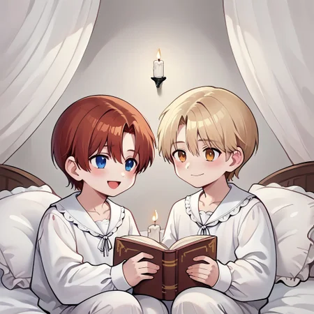 score_9, score_8_up, score_7_up, score_6_up, score_5_up, source_anime, painterly, 2boys, boy A and boy B, 18 years old, ((small body)), (same size), multiple boys, long sleeves, ruffle shirt, lace up, drawstring, large wooden headrest, nice fancy bedroom, (white nightgown:1.1), white nightshirt, [dress], white pajamas, victorian era, sitting up in bed, collarbone, white blankets, canopy bed, leaning back on large pillows, ((big white pillows)), [candlelight], (dark light), reading a book, looking at book, soft warm lighting, (absurd detail), (masterpiece:1.1), (high quality), (4k), (detailed anime, anime artwork), straight hair, holding a large book, reading, close up, cozy, (shoulder to shoulder), resting on pillows, next to each other, on bed, warm light, straight hair <lora:m1n0XLP:0.8> m1n0, ((high_quality)), ((Super_Detailed)), 
BREAK boy A(((light blonde hair)), ((bangs)), hair between eyes, blue eyes, soft smile, closed mouth, [blush], turning head to look at boy B, looking over shoulder, looking at boy B),
BREAK boy B(auburn hair, parted bangs, golden eyes, open mouth, [laughing]),