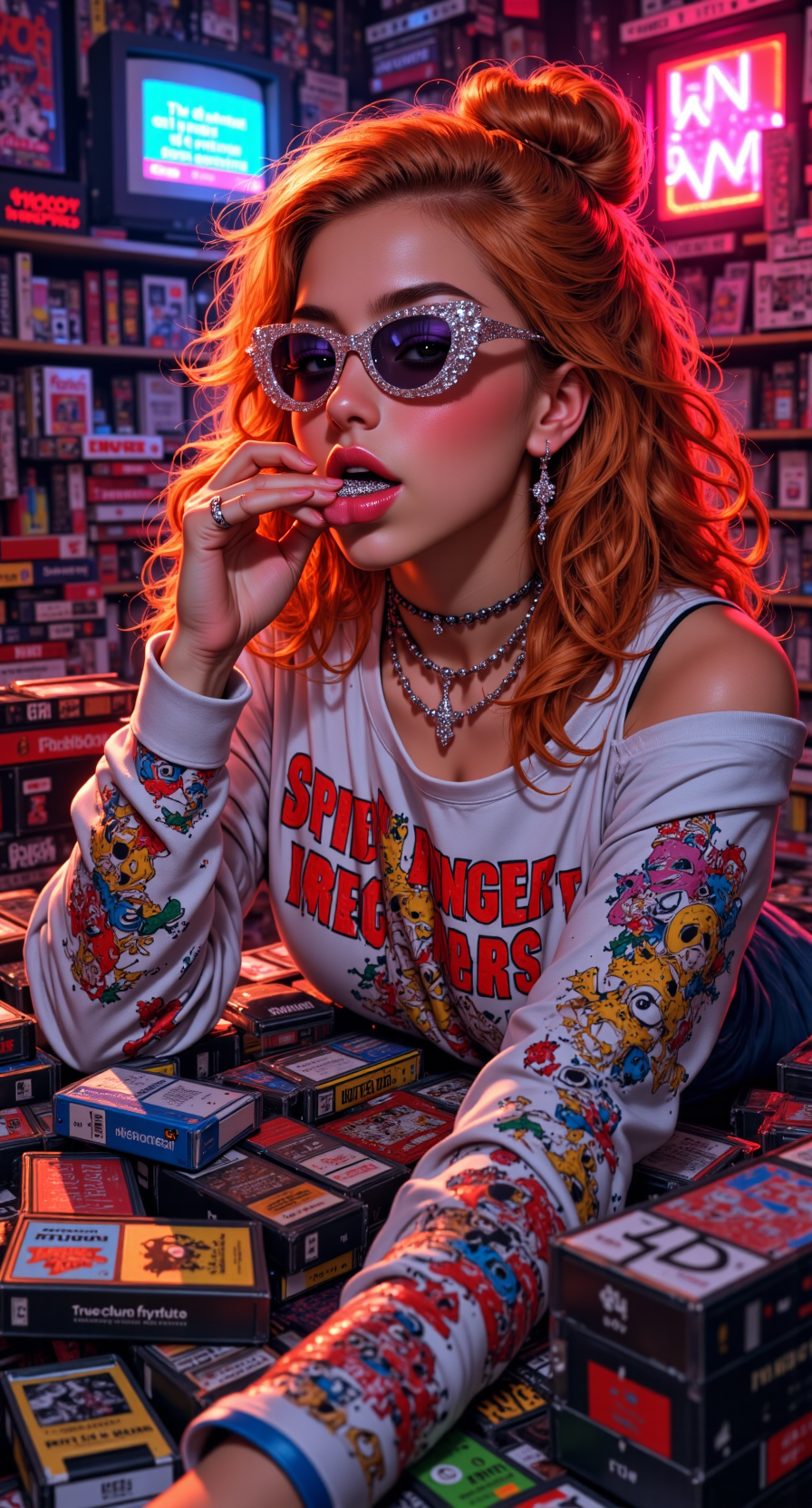 Candid, portrait shot of a photorealistic woman surrounded by piles of VHS tapes, blowing glitter off her hand while leaning on a CRT TV playing static. She's wearing an off-shoulder Power Rangers tee, beaded choker, and sparkly star-shaped sunglasses. Her hair is half-up, scrunchie-held, bright orange ombré.

real skin, photorealistic texture, cozy retro chaos, pastel-meets-neon, analog fantasy, pop culture overload, nostalgic queen of clutter













fmlas-mk.1, mythp0rt,
