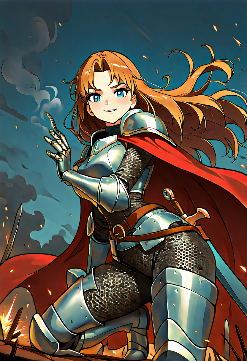 masterpiece, best quality, solo, curvy, beautiful eyes, narrow waist, wide hips, 1girl, solo, smile, looking at viewer, dynamic angle, foreshortening, close up,    zzMolly, molly hale, blue eyes, brown hair, parted bangs, long hair,   ,<lora:MollyHalePokemonIXL:1.0>, [Cinderswept Knight], armored coat with scorched bronze trim, crackling red cape, flame-motif gauntlets, ash-lined boots, blade sheathed in ember scabbard, chainmail patterned like rising sparks, obsidian pauldrons with glowing crests, battlefield haze, smoke in the air, guarded stance, alert expression,