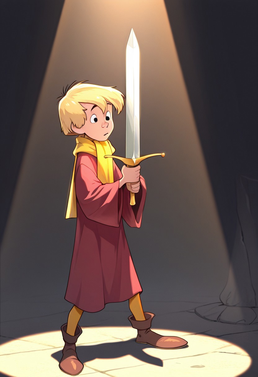 masterpiece, absurdres, high quality, perfect anatomy, 1boy, solo, cute boy, male focus, Arthur, Blonde Hair, Black Eyes, Red Robe, Yellow Scarf, Tan Leggings, Brown Footwear, awed Expression, Sword, Holding Sword, Holding Weapon, Sword in Stone, spotlight, dynamic lighting, sword planted, sword in ground