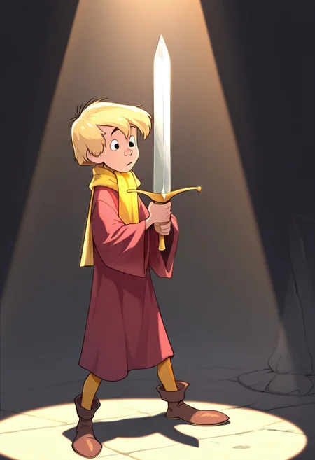 masterpiece, absurdres, high quality, perfect anatomy, 1boy, solo, cute boy, male focus, Arthur, Blonde Hair, Black Eyes, Red Robe, Yellow Scarf, Tan Leggings, Brown Footwear, awed Expression, Sword, Holding Sword, Holding Weapon, Sword in Stone, spotlight, dynamic lighting, sword planted, sword in ground