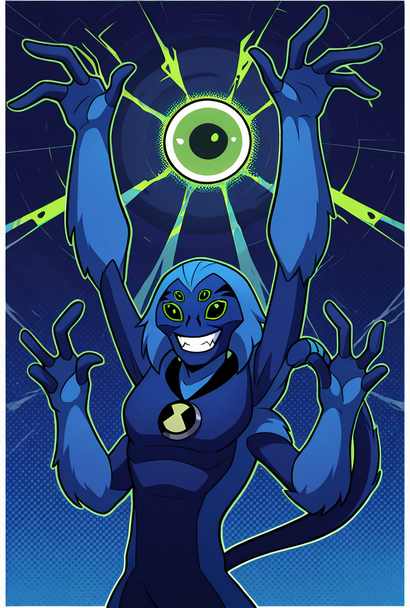 <lora:spidermonkey-09:1> spidermonkey, extra eyes, solo, blue skin, extra arms, long blue tail, , green eyes, teeth, blue hair, pokemon (creature), blue background, smile, teeth, fangs, dynamic pose, 3 fingers, black fingers,, upper body, halftone effect, white borders, abstract background:1.2,, masterpiece, best quality, amazing quality, very aesthetic, absurdres, newest,