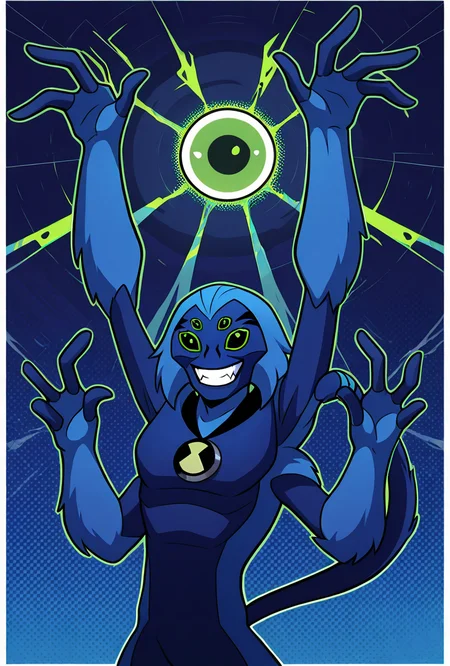 <lora:spidermonkey-09:1> spidermonkey, extra eyes, solo, blue skin, extra arms, long blue tail, , green eyes, teeth, blue hair, pokemon (creature), blue background, smile, teeth, fangs, dynamic pose, 3 fingers, black fingers,, upper body, halftone effect, white borders, abstract background:1.2,, masterpiece, best quality, amazing quality, very aesthetic, absurdres, newest,