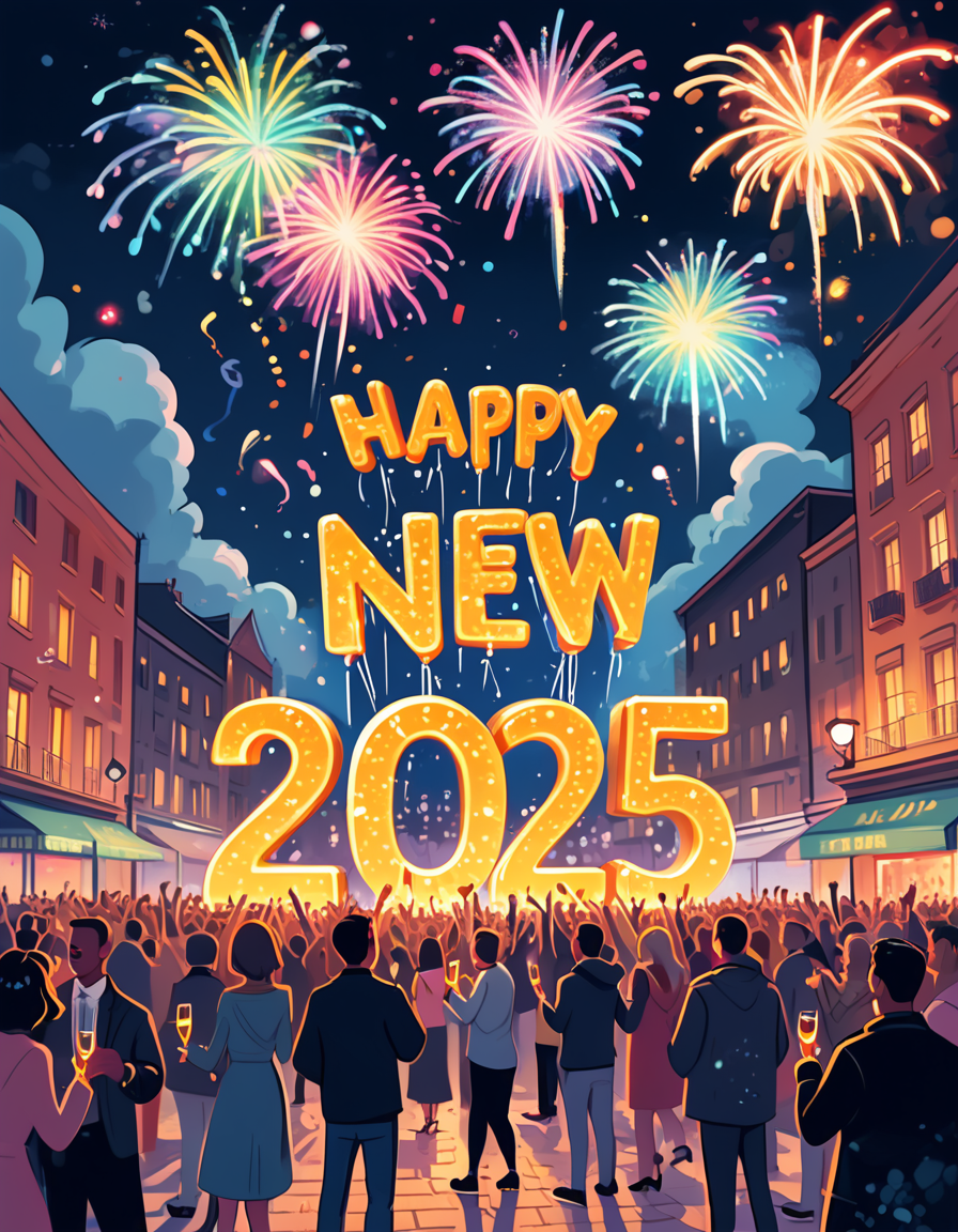 positiv Clip L:
   ink, illustration, celebration scene, with fireworks lighting up the night sky in vivid colors, a cheerful crowd gathered in a festive urban square, people holding sparkling champagne glasses, 'Happy New Year 2025' displayed in glowing letters, a joyful and optimistic atmosphere, ultra-detailed 3D cartoon style, with dynamic lighting and a polished festive aesthetic.
positiv Clip G:
   ink, illustration, celebration scene, with fireworks lighting up the night sky in vivid colors, a cheerful crowd gathered in a festive urban square, people holding sparkling champagne glasses, 'Happy New Year 2025' displayed in glowing letters, a joyful and optimistic atmosphere, ultra-detailed 3D cartoon style, with dynamic lighting and a polished festive aesthetic.