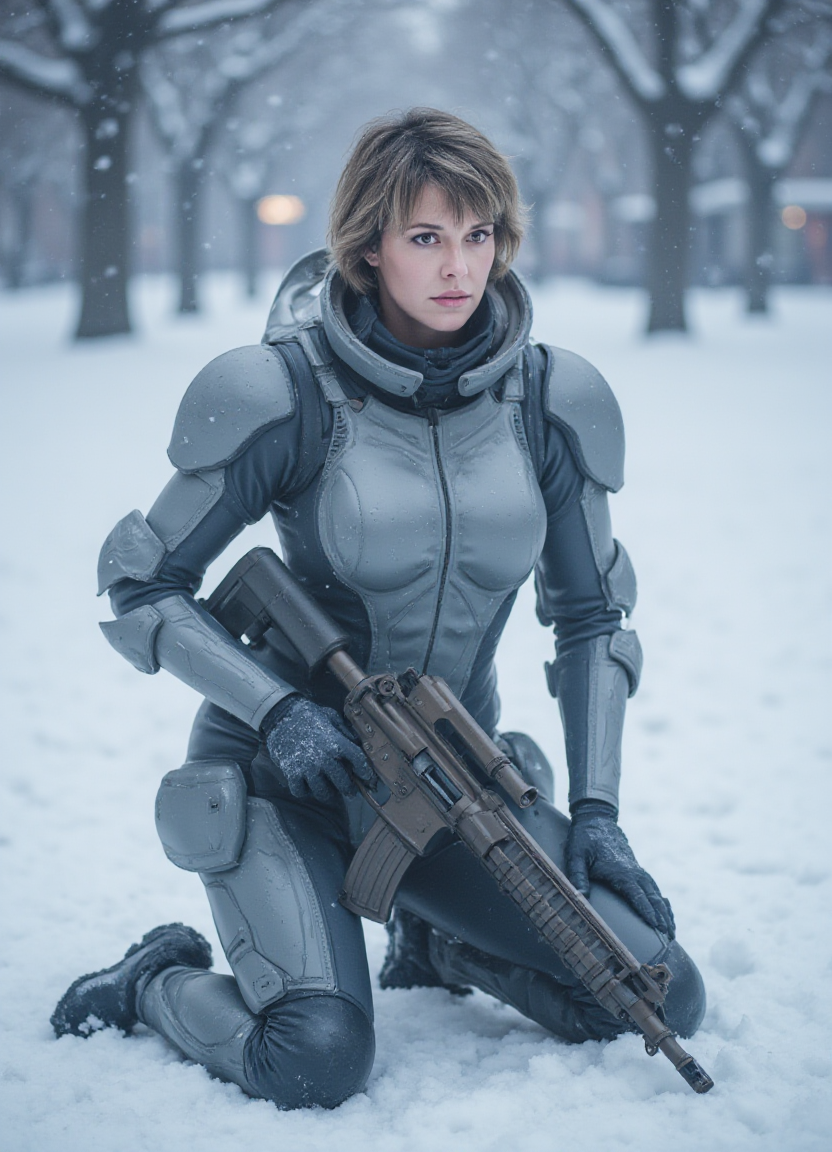 SFW, The image shows a woman kneeling in the snow with a rifle in her hands. She is wearing a futuristic-looking suit with a grey and white color scheme. The suit has multiple arms and legs, and a helmet with a visor. The woman has e hair and is looking directly at the camera with a serious expression. The background is blurred, but it appears to be a snowy landscape with trees and a building in the distance. The overall mood of the image is cold and wintery., aidmaimageupgrader<lora:flux\custom\celebrity\amanda-bearse.safetensors:1.0:1.0> <lora:turbo-8-step-flux.safetensors:0.5:0.5> <lora:flux\style\Common\aidmaImageUprader-FLUX-v0.3.safetensors:0.25:0.25>