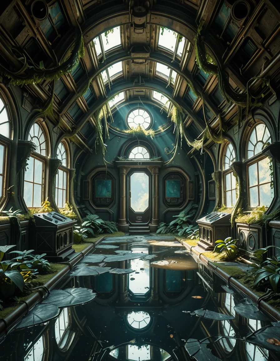 The interior of an ancient abandoned spaceship, overtaken by lush vegetation. The walls and ceiling are covered in thick, twisting vines and moss. Strange alien plants glow faintly in shades of blue and green, casting an eerie, mystical light across the metallic surfaces. Rusted control panels and shattered glass windows hint at a long-forgotten past. The floor is cracked and partially flooded with still, reflective water. Patches of bioluminescent fungi cling to the corners, adding a surreal atmosphere. The air feels heavy with moisture, and beams of soft, diffused light filter through holes in the hull, creating dramatic shafts of light and shadow. The overall style is hyper-realistic, rich in textures, with a cinematic and slightly melancholic mood.<lora:SDXLFaeTastic2400:0.4> <lora:extremely_detailed:0.4> extremely detailed,ancient abandoned sp4c3sh1p, <lora:ancient_abandoned_sp4c3sh1p-i:1>, Masterpiece,best quality,hi res,8k,hi res,8k,award winning,(sharp focus, intricate, highly detailed),