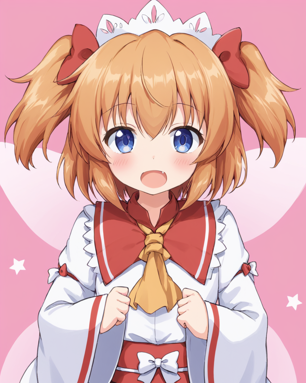 sunny milk,1girl, blush, fairy_wings, fang, solo, looking_at_viewer, open_mouth, headdress, simple_background, long_sleeves, ascot, bow, hand_on_own_chest, two_side_up, pink_background, twintails, outline
<lora:sunny_milk_image988_2023-12-20:1>,star-shaped_pupils,symbol-shaped_pupils,. gorgeous,key visual, vibrant, studio anime,award-winning, professional, highly detailed,high budget, cinemascope