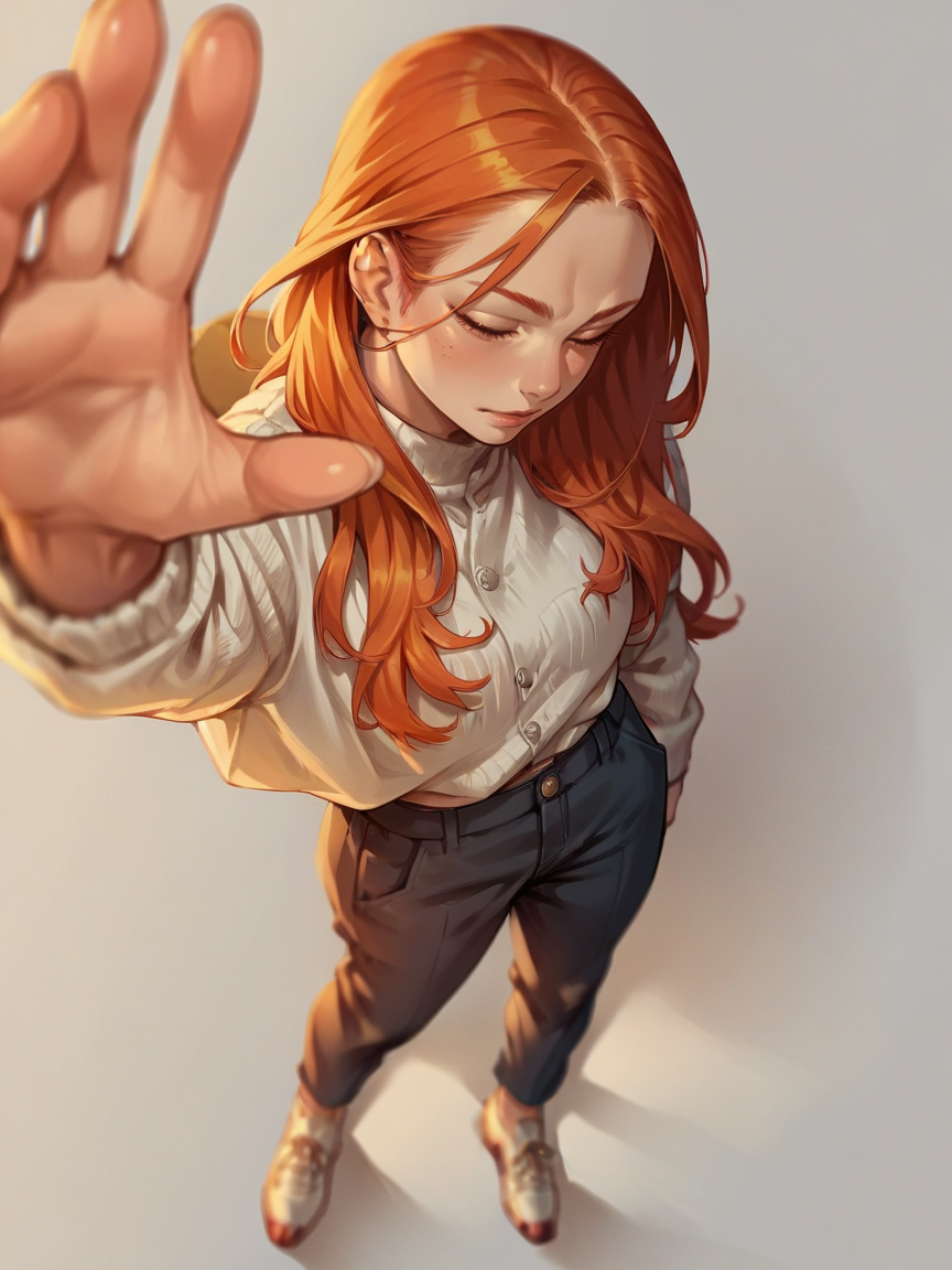 score_9, score_8_up, score_7_up, score_6_up, score_5_up,   <lora:reachXLP:1> from above, reach, 1girl, source_anime, ginger, long hair, curvy,