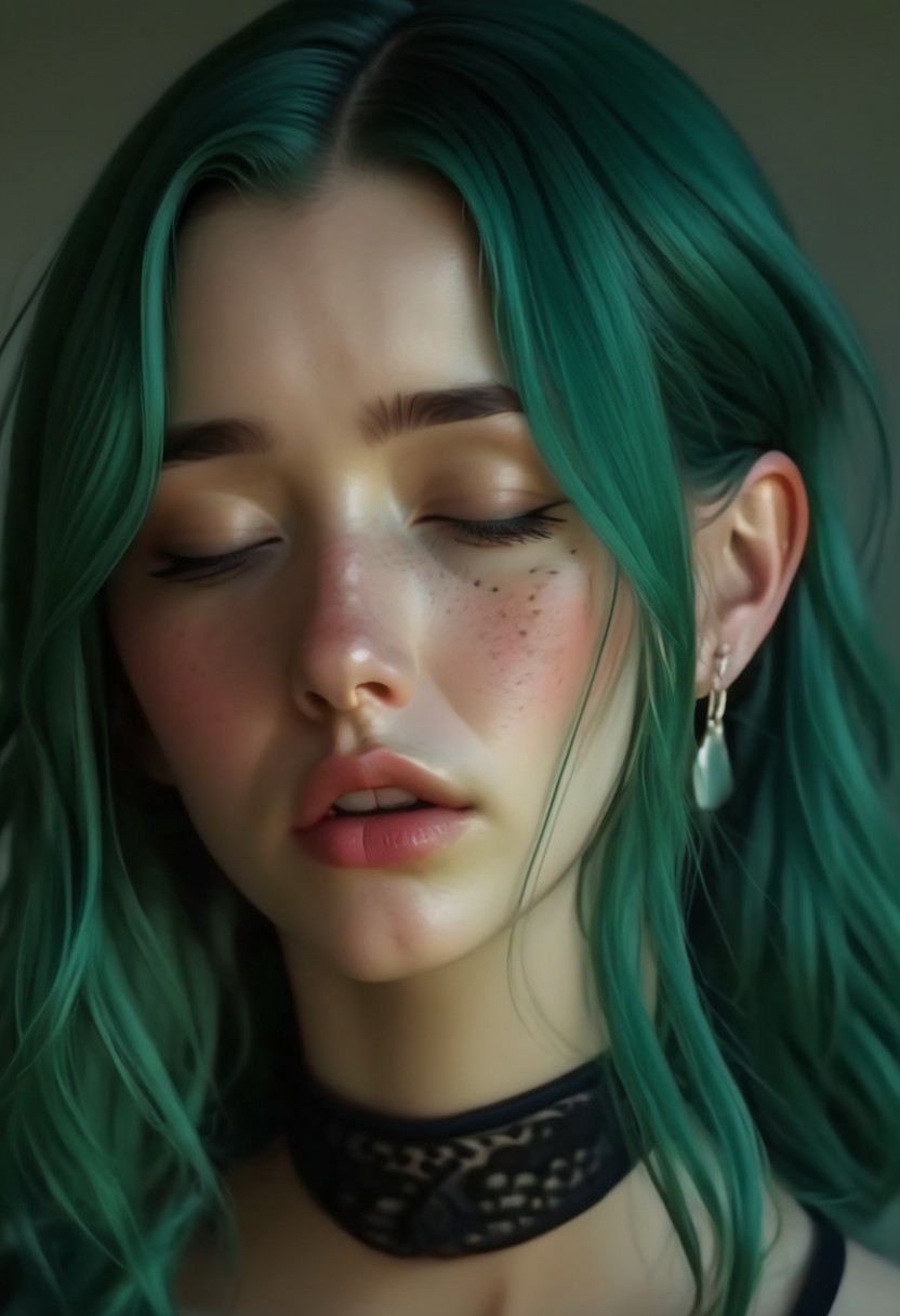 Realistic, realism, 4K, hi-res, Daphne, 20, green hair, freckles, black collar, front facing, drunk, wasted, exhausted, (tired), (sleepy), half asleep,