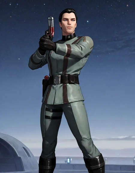 masterpiece, best quality, newest, perfect quality, best quality, detailed background, intricate details, male focus, anime, <lora:SWTOR - Malavai Quinn - Illustrious-000010:0.7>, m_quinn, 1boy, mature male, black hair, blue eyes, mole on cheek, military jacket, gloves, belt, pants, boots, star wars, outdoors, space city, holding small blaster, aiming