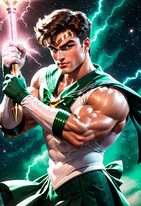 1male, male focus, riot style, digital art, concept art, semi realistic, fantasy, 4k, best quality, masterpiece, extremely detailed, very detailed face, very detailed eyes, dynamic angle, seen from the side, close up, dynamic pose, rising hand, a male bodybuilder, MAN, MALE, muscular male, gorgeous, young man, brunette, pointed eyebrows, round face, huge plumped lips, big lips, blush, big pectorals, shaved beard, man only, strong, happy, smirking, wearing a sailor jupiter dress, sailor senshi uniform, with a metal mace, fighting in space, surrounded by lightning, (cinematic light, volumetric), Cinematic Shot