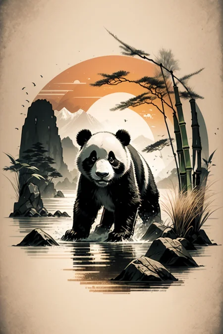 <lora:Calligraphy-ink-style-darquelilly-v1:1> calligraphyinkstyle, a panda in a bamboo field, harmony, volumetric lighting, sunrise, black background