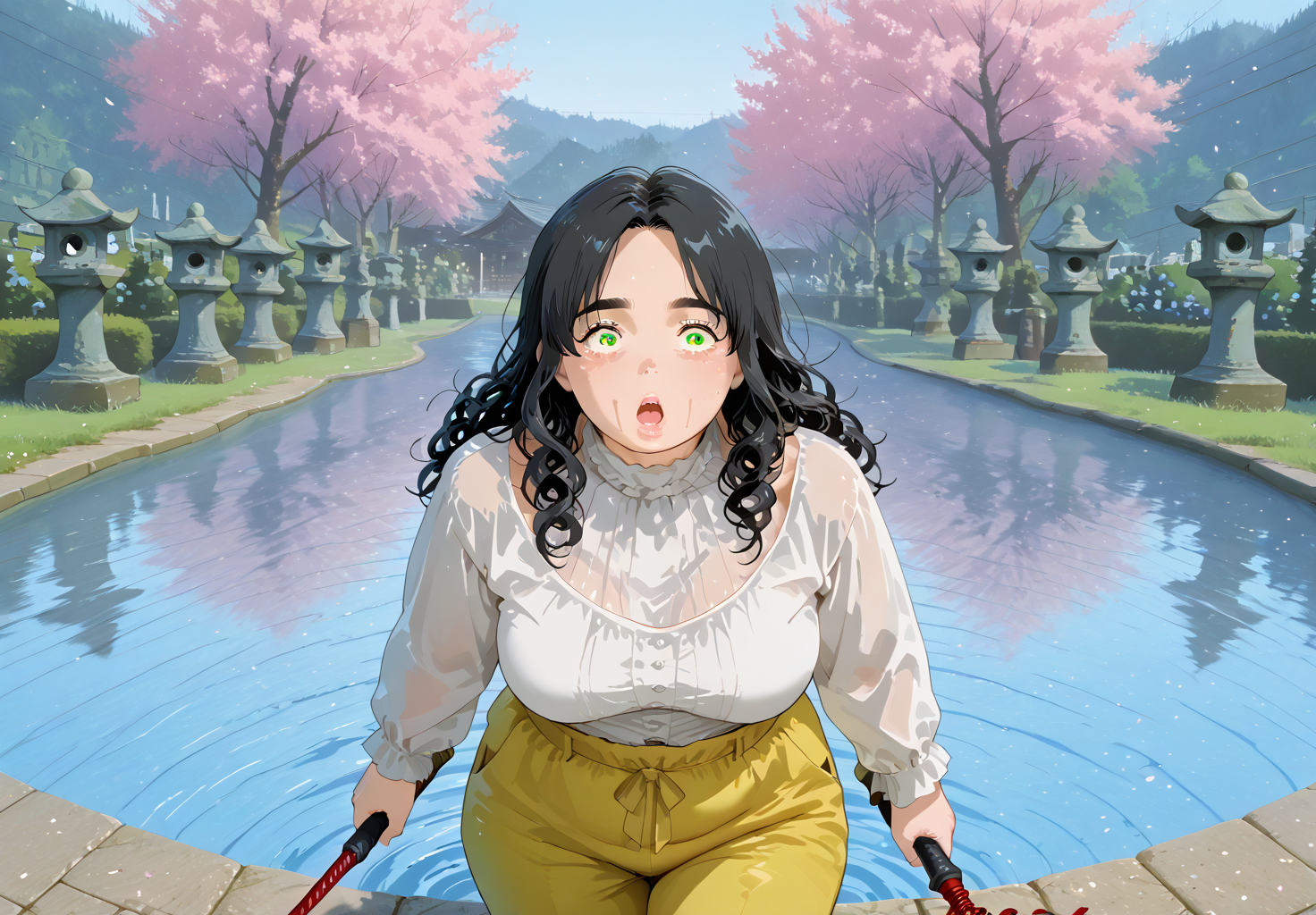 IllusP0s, PonyScores7, source_anime, ah1, IllustriousQual, interesting, exciting, spectacular, wonderful, 
BREAK <lora:xl_more_art-full_v1:0.2>, <lora:aesthetic_anime_v1s:0.2>, <lora:EpicF4nta5yXL:0.2>, <lora:detailxl:0.2>, detailxl, <lora:Fant5yP0ny:0.2>, amazing quality, best aesthetic, absurdres, illustration, Volumetric_Lighting, ultra-detailed, very aesthetic, intricate details, best_quality, <lora:Anime_Aesthetic_Wallpaper_StyleIllustriousXL:0.8>, aniwall,
BREAK ((holding, wielding  Thorned whip)),
BREAK Stable_Yogis_PDXL_Positives, AS-Adult, <lora:Complicated fantasy portrait - XL Pony V2.0:0.2>, bad-hands-5, <lora:HDA_Detailer:0.3>, <lora:natsumi_style:0.5>, <lora:by_usakun-pony:0.4>, by usakun, <lora:Akina_Bbw_Style_-_PonyXL:0.2>, AkinBw, ((Fisheye-shot)),
BREAK 1girl, mature female, (curvy), round-chin, caucasian, <lora:ETO_OC_Illustrius:0.5>, eto_oc, skindentation, (plump), thick thighs, wide hips, busty, voluptuous, <lora:venus body PonyXL:0.3>, <lora:shinyskin2:0.2>, glistening skin, HDA_FatGirlXL, 
BREAK ((green yellow Trousers and high-neck blouse)),
BREAK (curly hair), long hair, (black hair:1.4), (parted hair:1.7), messy hair, kinky curls, <lora:hairdetailpxl:0.2>, hairdetailpxl,
BREAK (half green and brown eyes), (colorful eyes), (multicolored eyes), (downturned eyes:1.4), <lora:expressive eyes:0.2>, expressive eyes, <lora:eyedetailpxl:0.2>, eyedetailpxl, <lora:Eyes_High_Definition:0.2>, EyesHD, (round face:1.2), (thick eyebrows:1.3), (plump face), <lora:Round_face:0.2>, lips, 
BREAK ((surprised eyes expression)), <lora:Expressive_H:0.2>, Expressiveh, <lora:Emotional_Anime_Expressions_PonyXL_Concept:0.2>, emotional, <lora:Best_Facial_Expression_LoRA_PONY:0.2>, looking at viewer, <lora:Detailed expressive EXEV style -XL Pony V1.0:0.2>, FaceDetail, <lora:Best_Facial_Expression_Helper_XTREME_ILLU:0.8>, kaogei,
BREAK (((a serene Japanese tea garden by the lake, featuring a traditional tea house, stone lanterns, and blooming cherry blossoms reflecting on the water))), <lora:Background Detailer - SDXL:0.8>, 4k, 8k, Ultra HD, Masterpiece, Best quality, Detailed background, <lora:Add_more_details_V2_XLpony:0.4>, full_details, <lora:background-architecture-v1-1:0.8> architecture background,