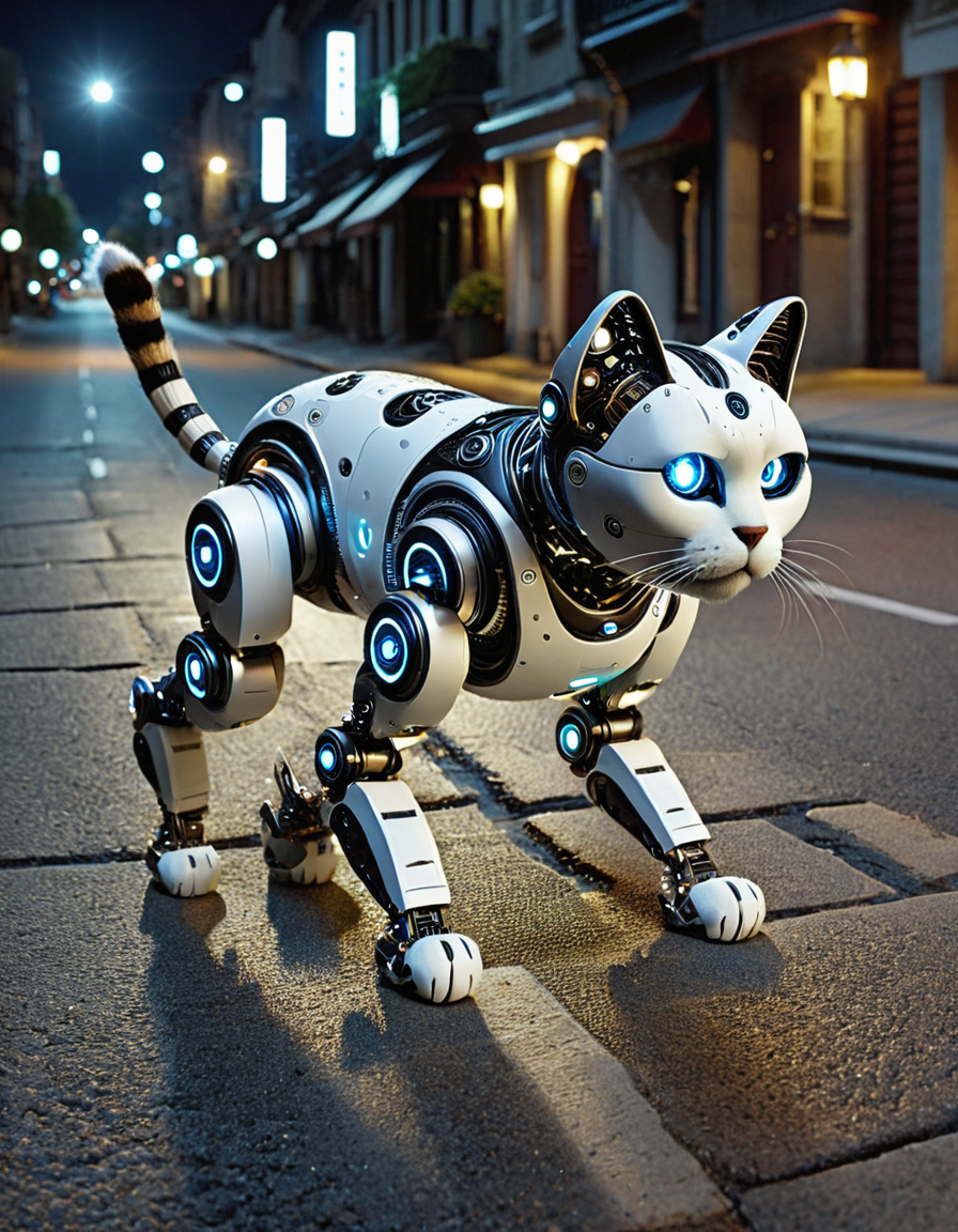 robotlora, cat, robot, walking trough empty street at night