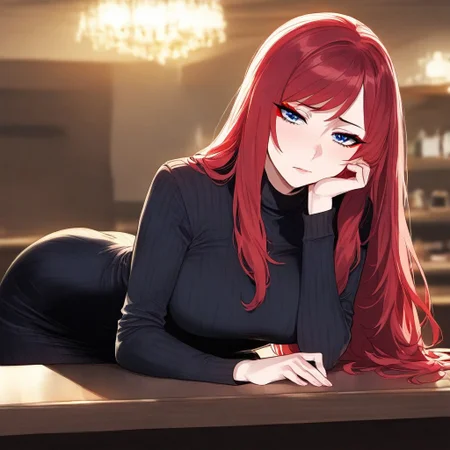 1girl, solo, red hair, long hair, dark blue eyes, fair skin, red eyeliner, Black dress, sitting, sad, leaning over table, adult body Restaurant shiny skin, cinematic lighting, highres, absurdres, best quality, highly detailed, 8k, UHD, perfect composition, cinematic, masterpiece, upper body focused, upper body Perfect anatomy, dynamic pose, dynamic lighting, dynamic shadow, dynamic camera angle, ultradetailed, High Definition, Detailed hair, detailed eyes, vivid colors, colorful score_7_up, score_8_up, score_9, floox style,