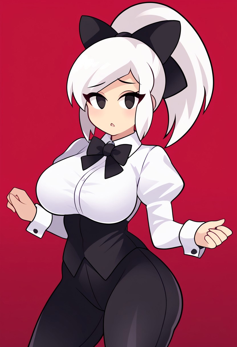score_9, score_8_up, score_7_up, score_6_up, score_5_up, score_4_up, source_cartoon, <lora:confetti-extract- ponyxl:0.85>, detailed eyes, easynegative, rating_explicit, Expressiveh, 1girl, solo,
Geraldine, shirt, long sleeves, white shirt, white hair, ponytail, sidelocks, thighs, hair bow, collared shirt, pants, puffy sleeves, bowtie, black eyes,  wrist cuffs, black bow, dress shirt, swept bangs, black pants, big breasts, high ponytail, juliet sleeves, sleeve cuffs, traditional, thick thighs, big ass, wide hips, looking at viewer, blush, shy, 
gwain saga