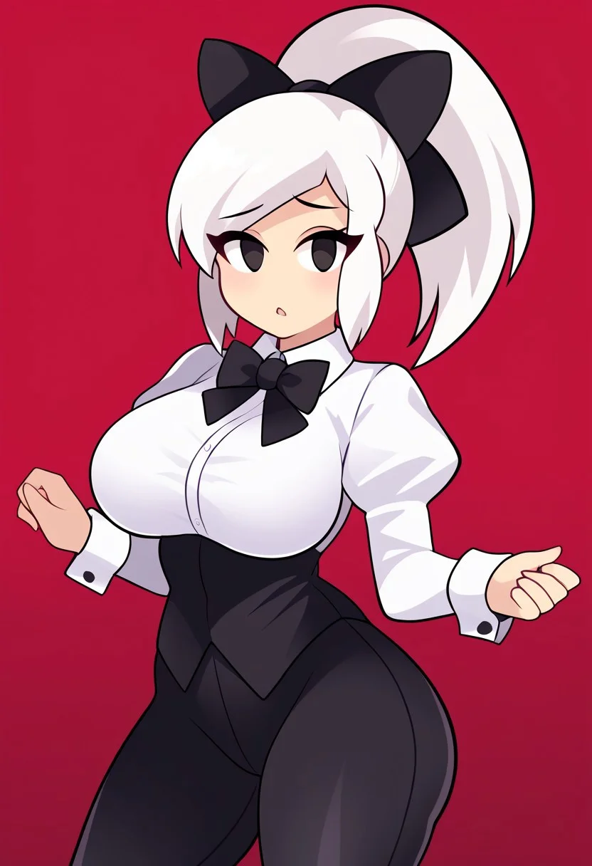 score_9, score_8_up, score_7_up, score_6_up, score_5_up, score_4_up, source_cartoon, <lora:confetti-extract- ponyxl:0.85>, detailed eyes, easynegative, rating_explicit, Expressiveh, 1girl, solo,
Geraldine, shirt, long sleeves, white shirt, white hair, ponytail, sidelocks, thighs, hair bow, collared shirt, pants, puffy sleeves, bowtie, black eyes, wrist cuffs, black bow, dress shirt, swept bangs, black pants, big breasts, high ponytail, juliet sleeves, sleeve cuffs, traditional, thick thighs, big ass, wide hips, looking at viewer, blush, shy,
gwain saga