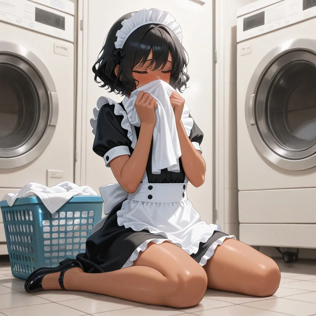 masterpiece, best quality, amazing quality, absurdres, one girl, short hair, wavy hair, black hair, flat chest, tan, blush, aroused, maid outfit, maid skirt, maid headdress, wariza, tile floor, on floor, laundry room, laundry, laundry basket, full body, smelling, smelling clothes
