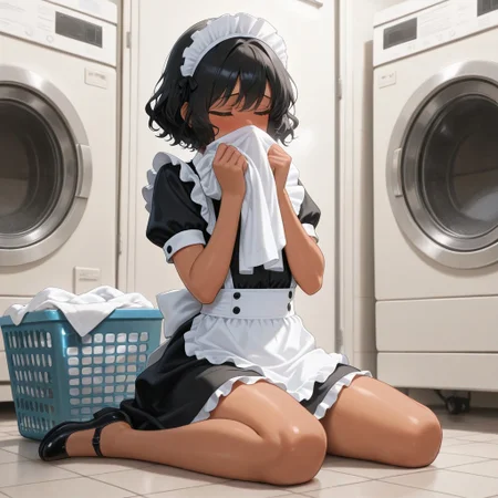 masterpiece, best quality, amazing quality, absurdres, one girl, short hair, wavy hair, black hair, flat chest, tan, blush, aroused, maid outfit, maid skirt, maid headdress, wariza, tile floor, on floor, laundry room, laundry, laundry basket, full body, smelling, smelling clothes