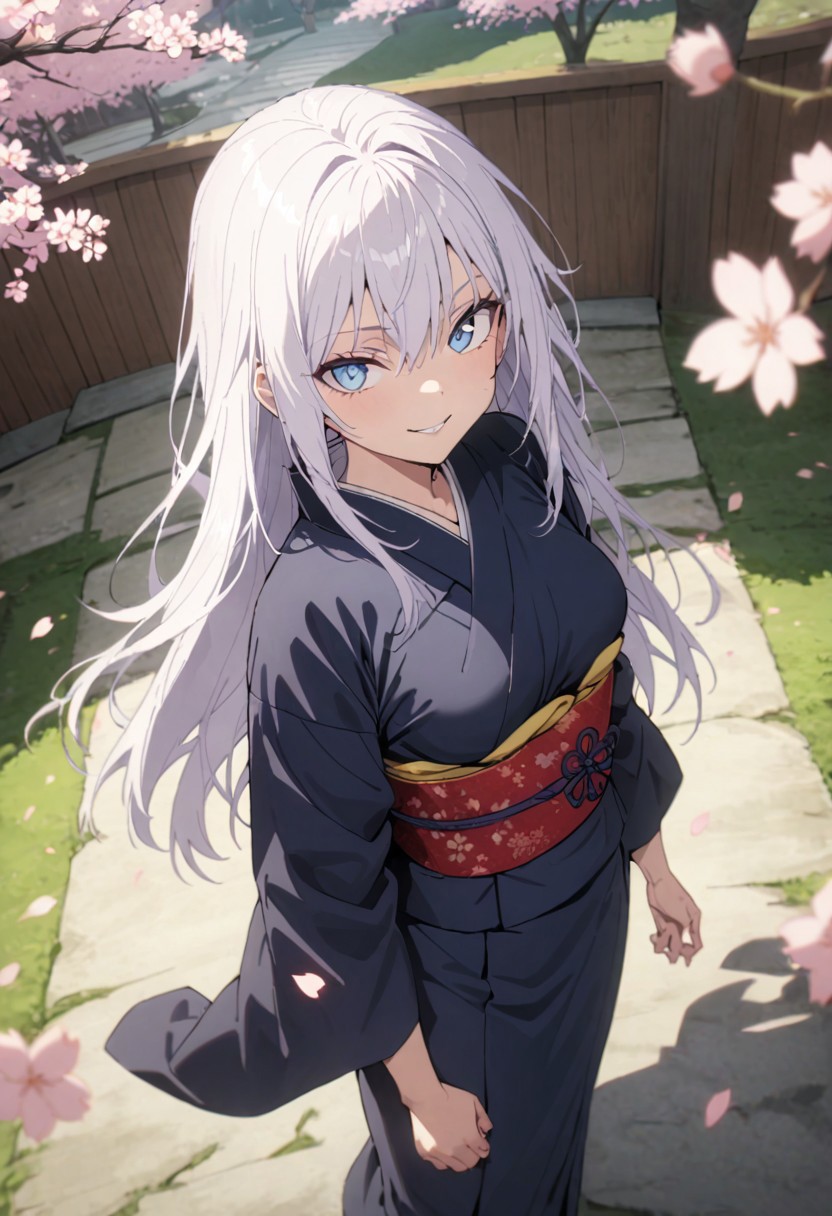 score_9, score_8_up, score_7_up, score_6_up, masterpiece, best quality, absurdres, cinematic, dynamic angle, perfect composition, solo, 1girl, medium breast, gojou satoru, blue eyes, white hair, long hair, kimono, cherry blossoms, sakura petals, Japanese garden, smirk, standing, looking at viewer,