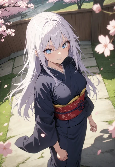 score_9, score_8_up, score_7_up, score_6_up, masterpiece, best quality, absurdres, cinematic, dynamic angle, perfect composition, solo, 1girl, medium breast, gojou satoru, blue eyes, white hair, long hair, kimono, cherry blossoms, sakura petals, Japanese garden, smirk, standing, looking at viewer,