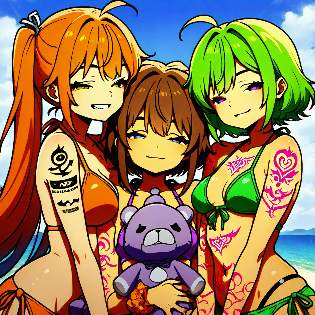 bikini, outdoors, brown hair, cadmium orange hair, tangerine orange hair, green hair, sky, Mid-closed eyes, stuffed toy, tattoo, Looking at viewer