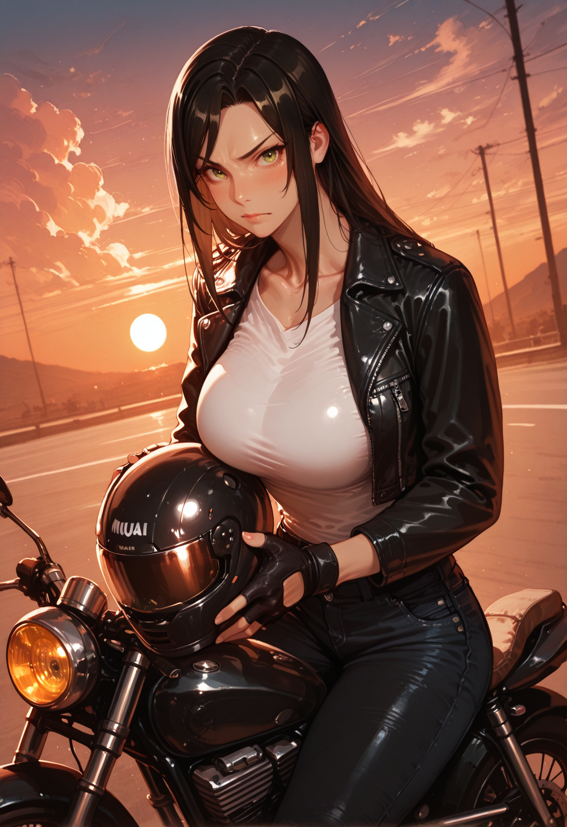 1girl, mukai takumi, helmet, jacket, gloves, motorcycle helmet, solo, motorcycle, pants, motor vehicle, breasts, long hair, black jacket, fingerless gloves, leather, blush, looking at viewer, holding helmet, black gloves, shirt, leather jacket, white shirt, outdoors, black pants, sky, black hair, large breasts, collarbone, open clothes, unworn helmet, open jacket, long sleeves, green eyes, unworn headwear, holding, closed mouth, parted bangs, cloud, brown hair, biker clothes, sunset, sitting, denim, jeans, yellow eyes, cowboy shot, on motorcycle, zipper, twilight, gradient sky, brown eye, masterwork, masterpiece, best quality, dynamic lighting , dynamic pose,,  dynamic angle, , , (realistic:1.2), (lineless:1.2), detailed, <lora:Detailer_NoobAI_Incrs_v1:0.75>, , aged up, adult, depth of field, dynamic lighting, blurry, cheekbones,