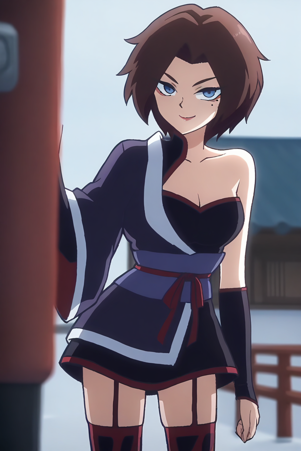<lora:meihuashiyi:1>,meihuashiyi,1girl,solo,blue eyes,mole under eye,brown hair,short hair,parted bangs,single bare shoulder,cleavage,collarbone,thighhighs,garter straps,japanese clothes,smile,looking at viewer,, masterpiece,best quality,amazing quality,absurdres, anime screenshot, lazypos ,