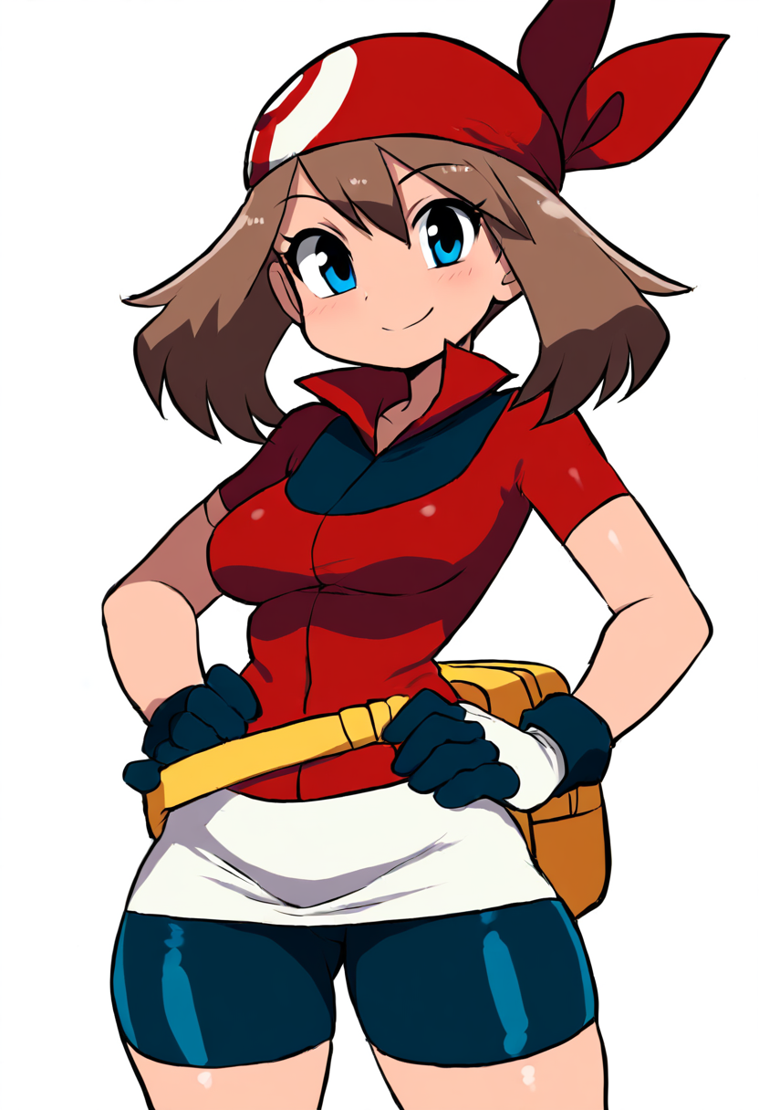 (masterpiece, best quality, good quality, very aesthetic, absurdres, newest:1.2), (curvy, medium breasts),  zzMay, solo, brown hair, blue eyes, medium hair,  red shirt, bike shorts, red bandana, red shirt, gloves, white miniskirt, yellow belt,  <lora:MayPokemon_NAI:1.0>,, smile, looking at viewer, cowboy shot,  <lora:ZankuroStyle_NAI:1.0>,