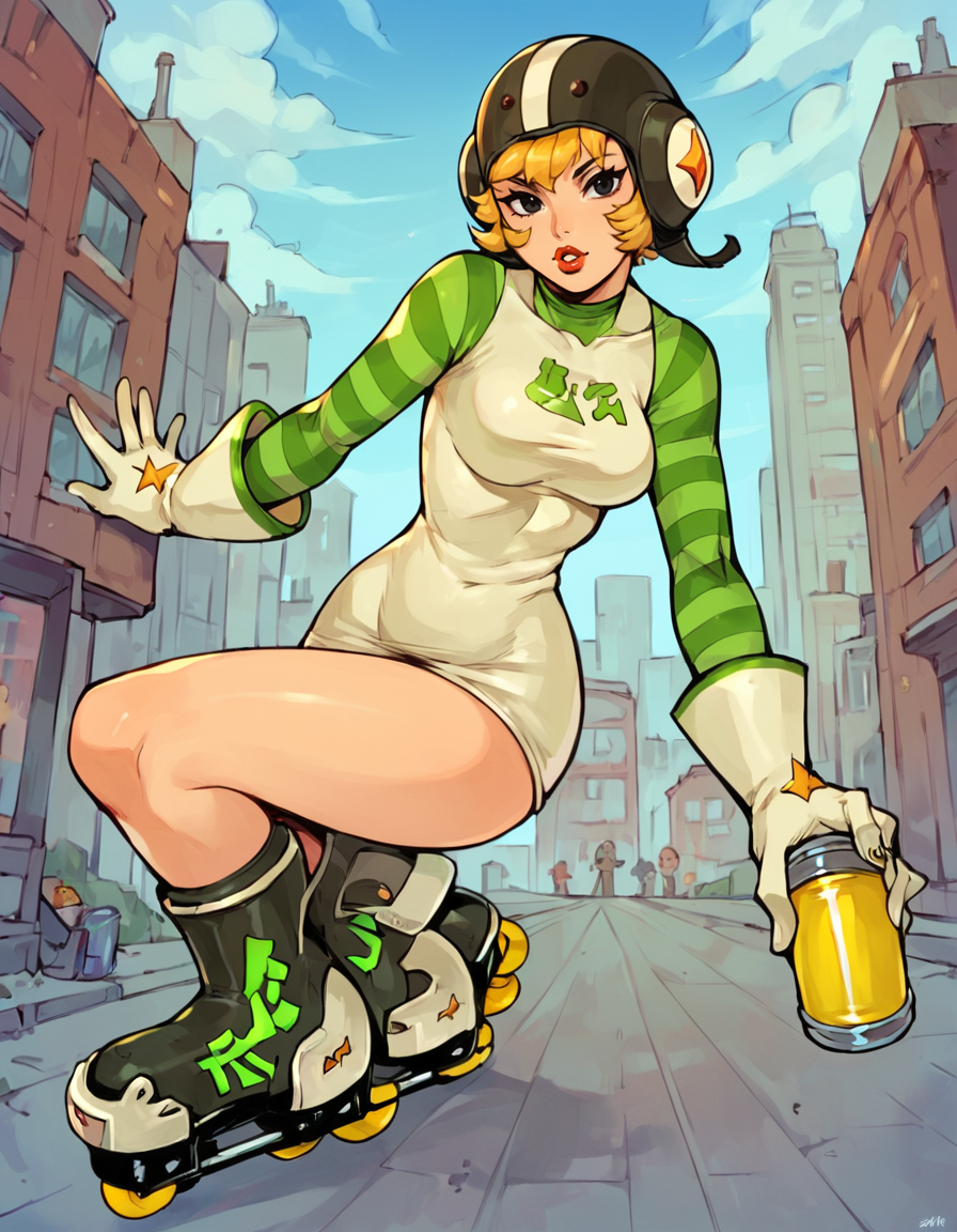 score_9, score_8_up, jsrgum, 1girl, cowboy shot, solo, breasts, looking at viewer, black eyes, lipstick, parted lips, short hair, blonde hair, outdoors, city, solo focus, gloves, dynamic pose, white gloves, short dress, helmet, striped sleeves, roller skates, holding spray can, inline skates <lora:GumSDXL:0.85>
