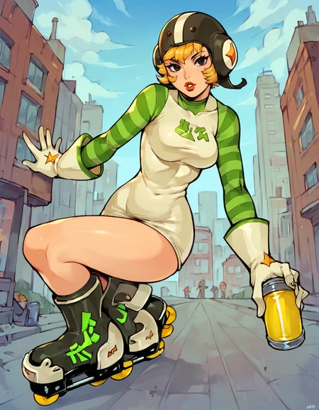 score_9, score_8_up, jsrgum, 1girl, cowboy shot, solo, breasts, looking at viewer, black eyes, lipstick, parted lips, short hair, blonde hair, outdoors, city, solo focus, gloves, dynamic pose, white gloves, short dress, helmet, striped sleeves, roller skates, holding spray can, inline skates <lora:GumSDXL:0.85>