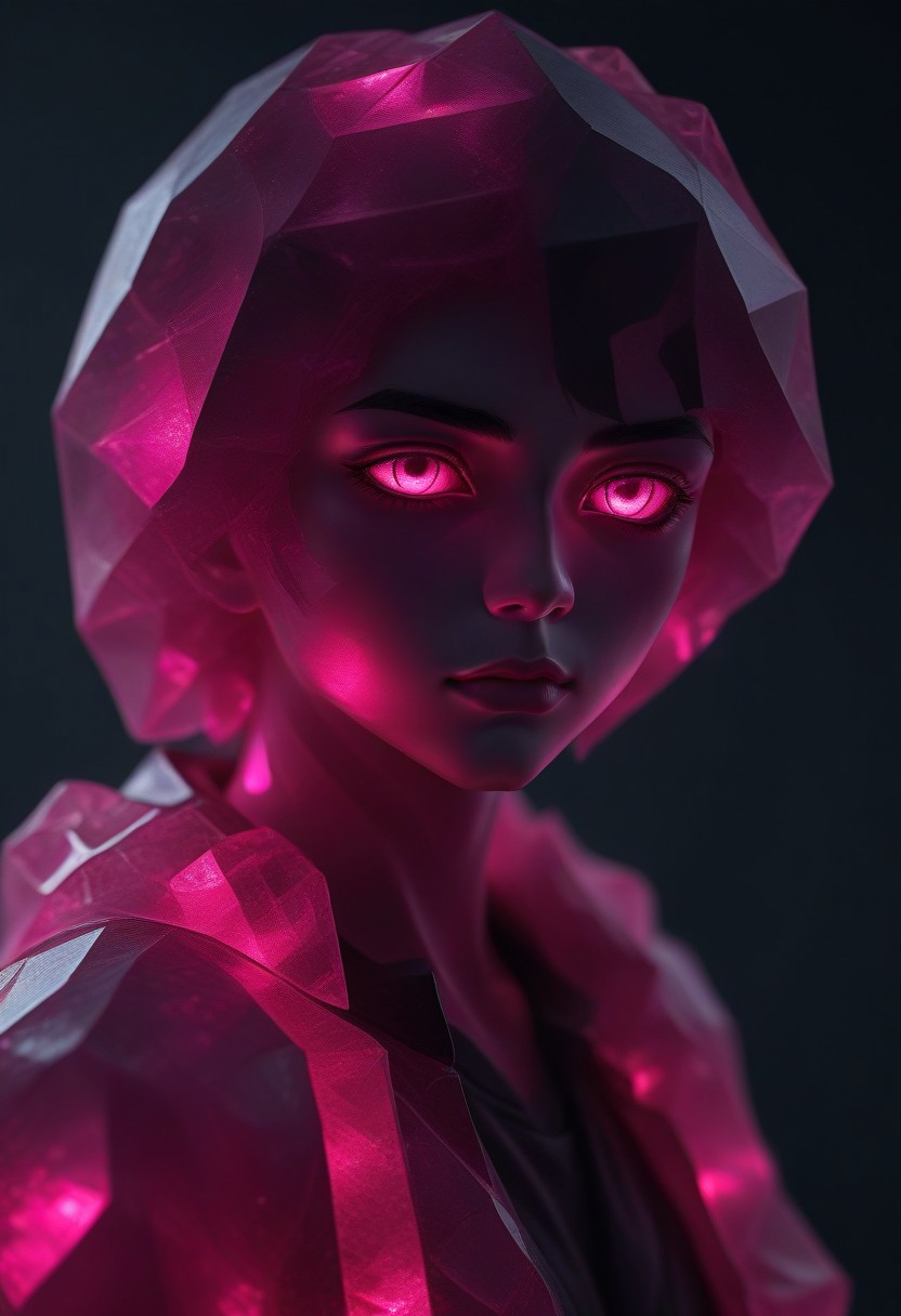 rp_slgd, black-haired anime boy wearing a magenta hooded jacket, revealing only the right side of his face while the left side of his body is covered by a shadow